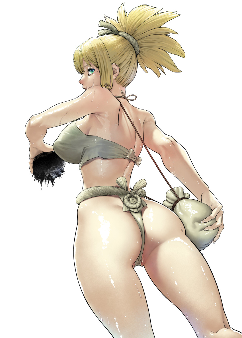 1girl absurdres ass back blonde_hair blue_eyes bow covered_clitoris dr._stone green_eyes highres holding holding_rock kohaku_(dr._stone) magnet magnetism medium_hair multicolored multicolored_eyes ponytail pouch rock shiny shiny_skin simple_background solo tied_hair turiganesou800 wet white_background