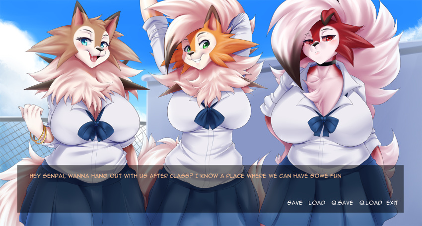 2019 anthro anthrofied big_breasts blue_eyes blush breasts canid canine cleavage clothed clothing digital_media_(artwork) dusk_lycanroc english_text fake_screenshot female fur green_eyes group hair hi_res lycanroc mammal midday_lycanroc midnight_lycanroc mleonheart nintendo open_mouth open_smile orange_fur pok&eacute;mon pok&eacute;mon_(species) pok&eacute;morph red_eyes school_uniform smile text uniform video_games white_fur