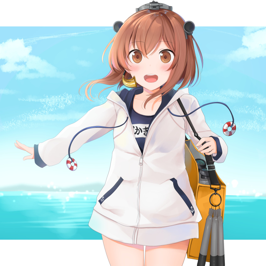 1girl :d bag binoculars blue_sky blush brown_eyes brown_hair cloud cowboy_shot eyebrows_visible_through_hair eyes_visible_through_hair headset highres jacket kantai_collection legs legs_together lifebuoy looking_at_viewer mouth ocean open_mouth school_swimsuit short_hair shoulder_bag sky smile speaking_tube_headset swimsuit swimsuit_under_clothes teeth torpedo translation_request white_jacket yellow_bag yukikaze_(kantai_collection) yunamaro