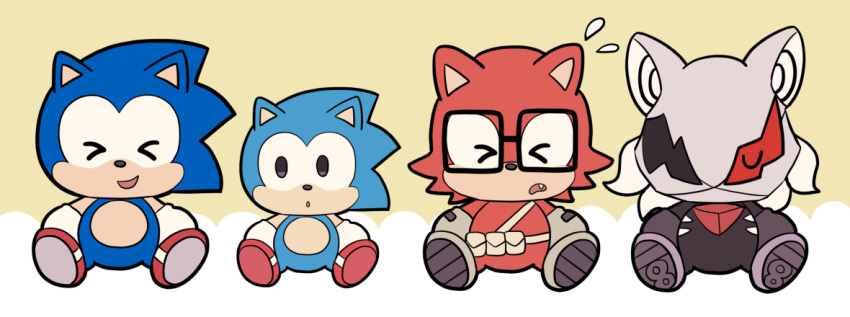 &gt;_&lt; anthro belt black_eyes black_fur blue_fur canid canine canis chibi clothing custom_character_(sonic_forces) eulipotyphlan eyes_closed eyewear footwear fur glasses gloves group handwear hedgehog infinite_(sonic) jackal male mammal mask red_fur shoes sikai sitting smile sonic_(series) sonic_forces sonic_the_hedgehog square_crossover white_fur wolf