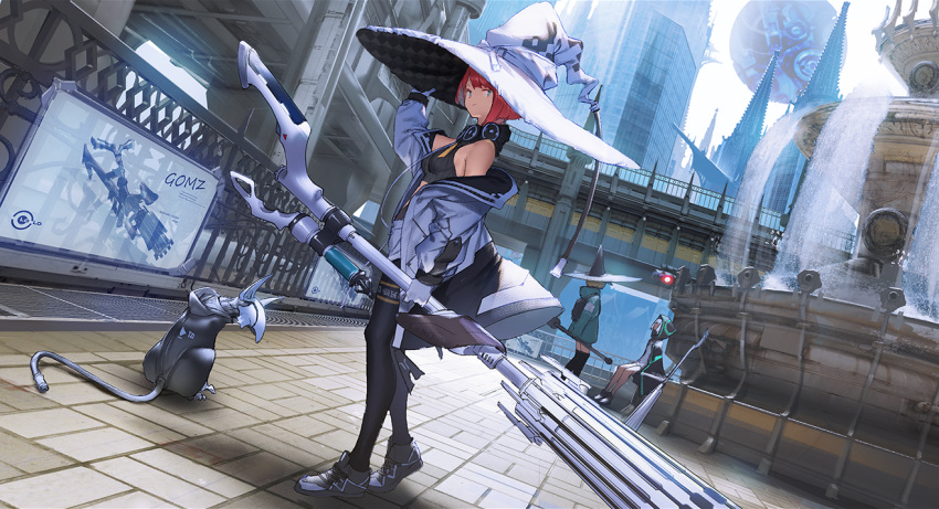 3girls blue_hair broom building coat crop_top hat looking_at_viewer mechanical mogumo multiple_girls original outdoors pantyhose red_hair road robot_animal science_fiction shoes short_hair sleeveless sneakers street witch_hat