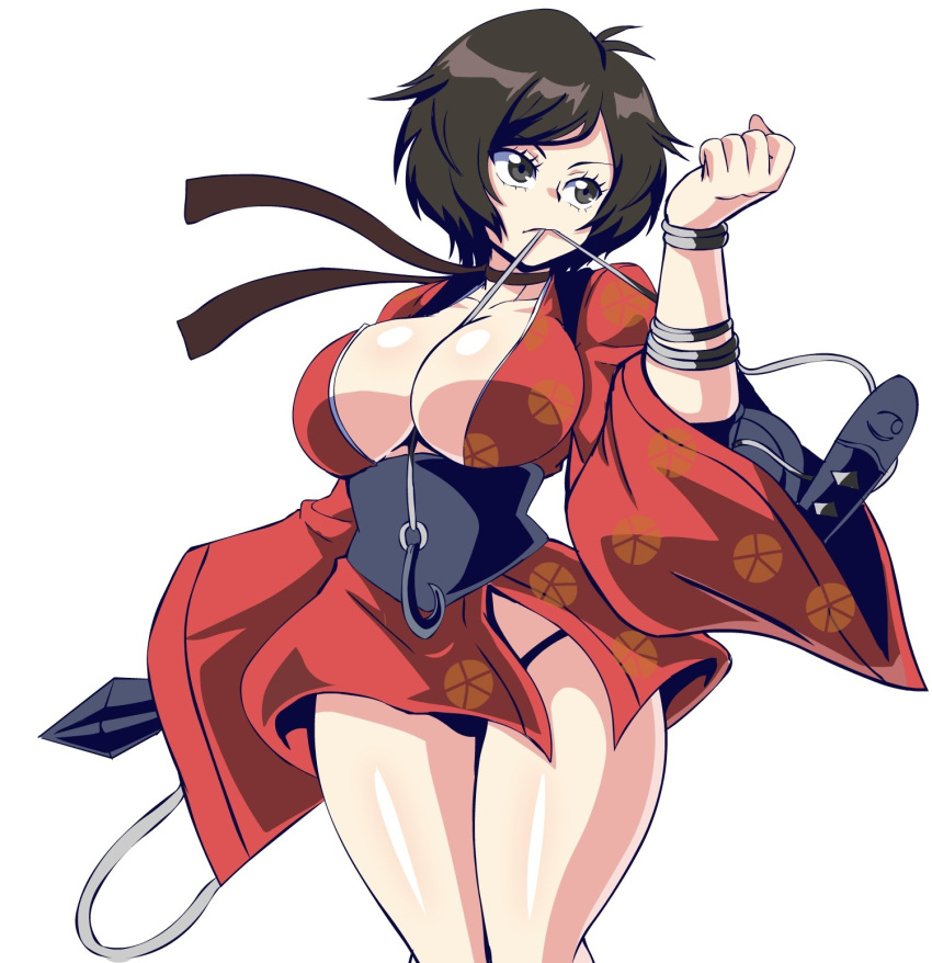 1girl between_breasts black_eyes black_hair black_panties bocodamondo breasts choker cleavage commentary english_commentary hidden_weapon highres hook japanese_clothes kimono kurenai_(red_ninja) large_breasts looking_afar mouth_hold ninja no_bra open_clothes open_kimono panties pantyshot pantyshot_(standing) red_kimono red_ninja ribbon_choker rope sash short_hair short_kimono solo standing underwear white_background wide_sleeves