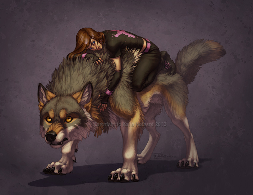2013 4_toes black_lips black_nose blue_eyes brown_hair canid canine canis clothed clothing digital_media_(artwork) feral hair human katie_hofgard lips mammal riding simple_background standing toes wolf