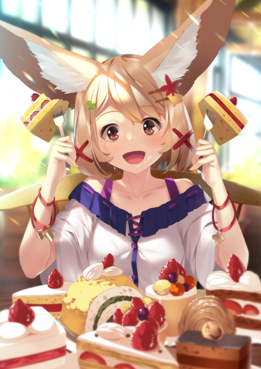 1girl :d animal_ear_fluff animal_ears bangs bare_shoulders blonde_hair blurry blurry_background blurry_foreground breasts brown_eyes cake chair collarbone commentary_request depth_of_field dress eyebrows_visible_through_hair food fork fox_ears fox_girl hair_ornament hairclip hands_up highres holding holding_fork off-shoulder_dress off_shoulder on_chair open_mouth original short_sleeves sitting slice_of_cake small_breasts smile solo swiss_roll table white_dress wide_sleeves yuuji_(yukimimi)