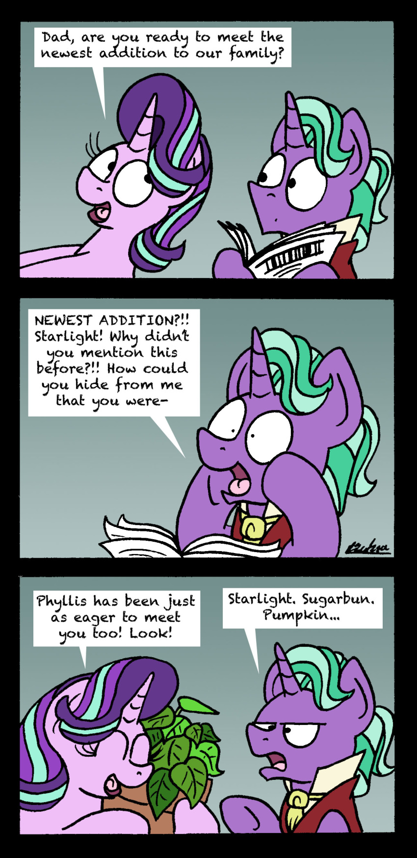 2019 absurd_res annoyed bobthedalek comic dialogue english_text equid female feral firelight_(mlp) friendship_is_magic hi_res horn mammal my_little_pony newspaper plant starlight_glimmer_(mlp) text unicorn