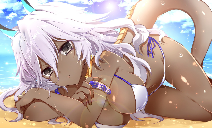 1girl arjuna_(fate/grand_order) arjuna_alter beach bikini black_eyes blue_horns breasts choker cleavage cloud commentary_request dark_skin day eyebrows_visible_through_hair fate/grand_order fate_(series) genderswap genderswap_(mtf) hair_between_eyes highres horns jewelry large_breasts lizard_tail long_hair looking_at_viewer parted_lips raimu_(yuzu-raimu) sand sky solo swimsuit tail very_long_hair water wet white_bikini white_hair white_swimsuit