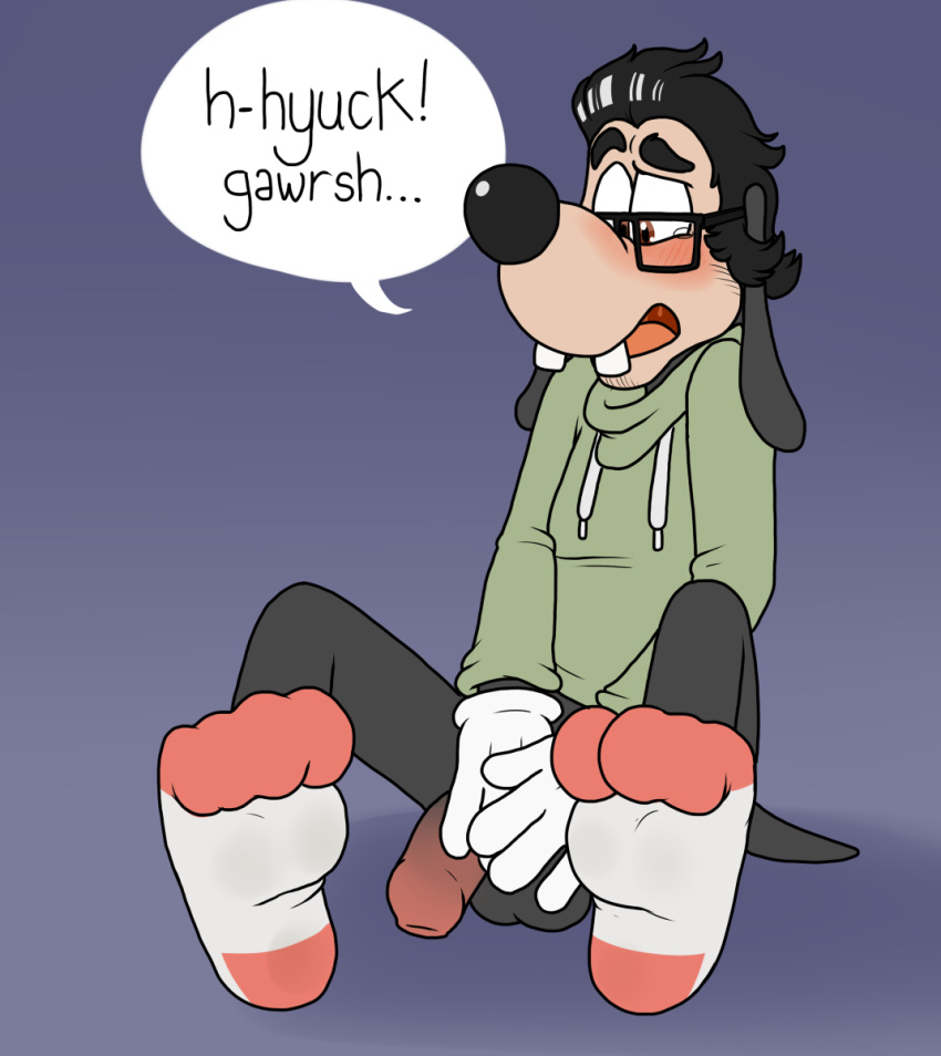 2019 4_fingers anthro balls black_hair black_nose blue_background blueballs blush bodily_fluids bottomless brown_eyes buckteeth canid canine canis clothed clothing covering covering_crotch covering_self disney domestic_dog embarrassed english_text eyewear fingers foreskin glasses gloves goofy_(disney) hair handwear hi_res hoodie humanoid_penis implied_transformation legwear looking_down male mammal multicolored_clothing multicolored_legwear multicolored_socks open_mouth penis post_transformation simple_background sitting socks solo speech_bubble tears teeth text toony topwear two_tone_clothing two_tone_legwear two_tone_socks uncut white_clothing white_gloves