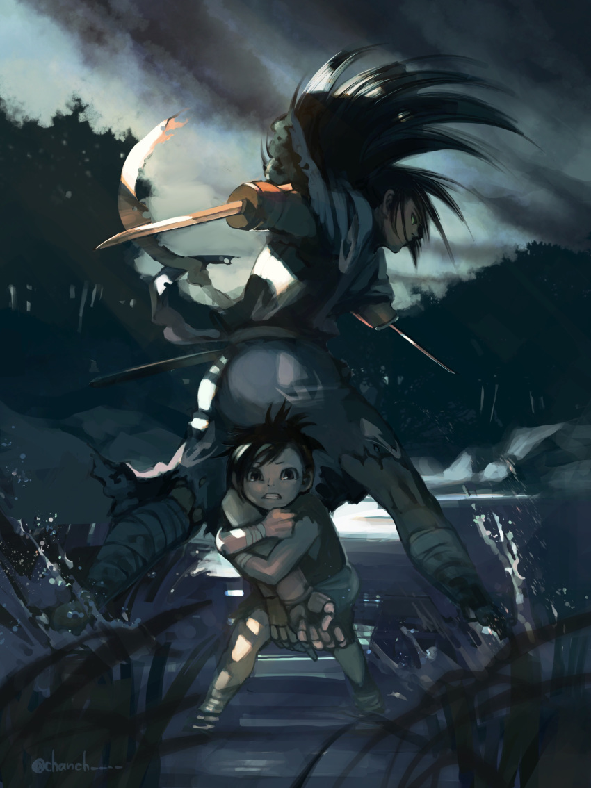 1boy 1girl absurdres amputee bandaged_arm bandaged_leg bandages black_eyes black_hair blade chanch cloud cloudy_sky dororo_(character) dororo_(tezuka) fighting_stance forest grass highres holding hyakkimaru_(dororo) long_hair nature outdoors partially_submerged ponytail protecting river rock short_hair signature sky splashing standing torn_clothes tree twitter_username water