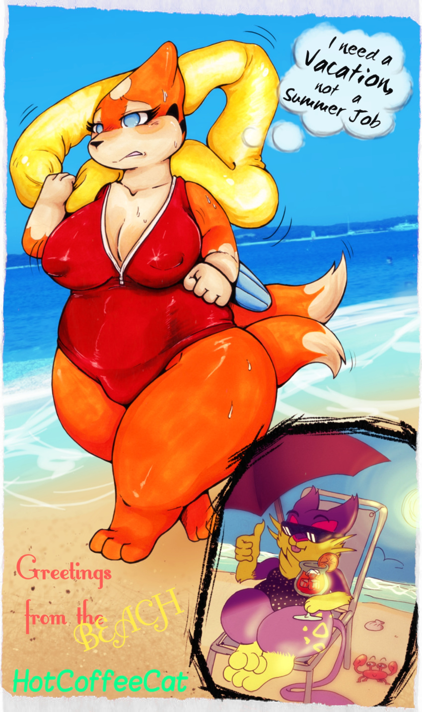 absurd_res beach big_breasts blue_eyes breasts cleavage clothed clothing daria daria_(hotcoffeecat) dima dima_(hotcoffeecat) female floatzel hi_res hotcoffeecat huge_breasts huge_hips huge_thighs liepard mature_female nintendo nipples one-piece_swimsuit pok&eacute;mon pok&eacute;mon_(species) seaside swimwear thick_thighs video_games voluptuous wide_hips