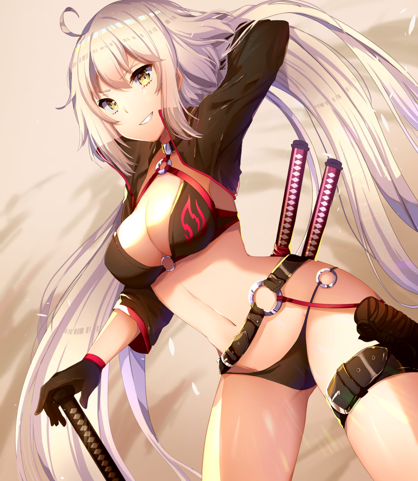 :d ahoge armpits breasts cleavage fate/grand_order fate_(series) grey_hair groin_tendon hand_in_hair highres jeanne_d'arc_(alter_swimsuit_berserker) jeanne_d'arc_(fate)_(all) katana large_breasts long_hair o-ring o-ring_bikini open_mouth pixiv_fate/grand_order_contest_1 shrug_(clothing) smile sword thigh_strap weapon yellow_eyes yuniiho