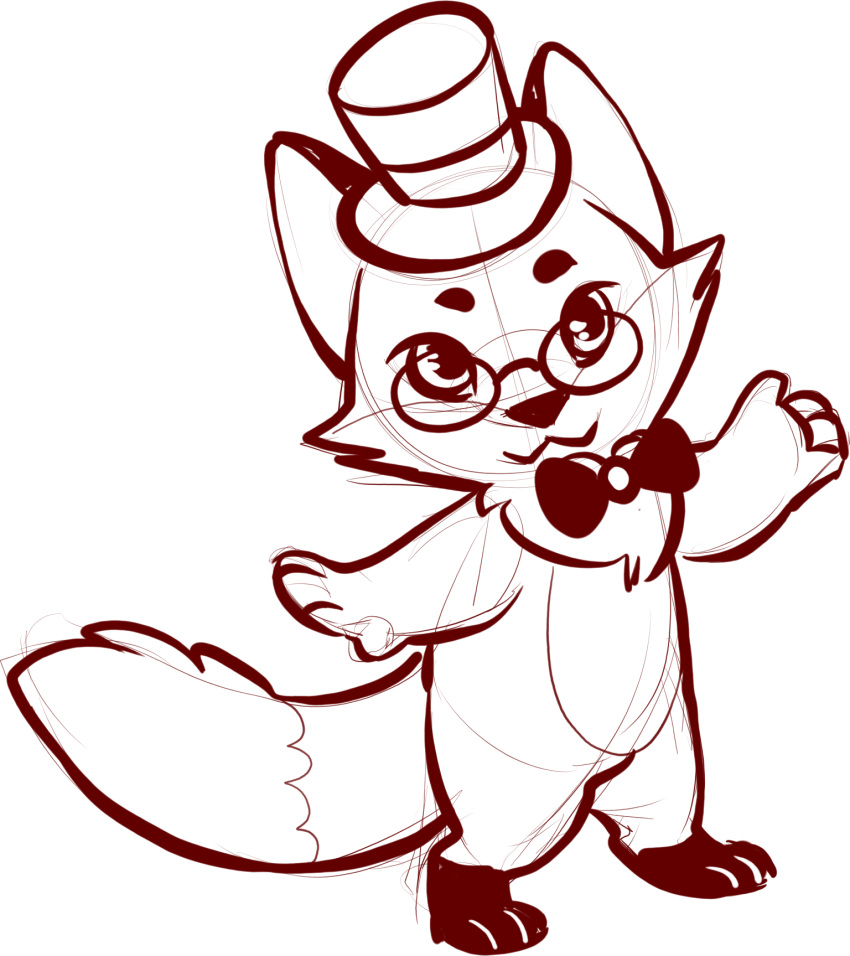 2019 anthro bow_tie bowler_hat canid canine chibi clothing digital_media_(artwork) dis eyewear full-length_portrait fur glasses grin hat headgear headwear hi_res looking_at_viewer mammal nightingalelost portrait simple_background sketch smile solo