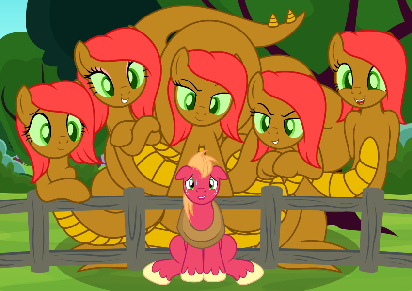 2019 badumsquish big_macintosh_(mlp) blonde_hair bodily_fluids claws crossed_arms earth_pony equid equine eyeshadow fan_character fangs female fence fetlocks floppy_ears freckles friendship_is_magic green_eyes green_sclera grin hair hands_behind_back hi_res horse hybrid hydra leaning looking_at_viewer makeup male mammal meme monster multi_head my_little_pony nervous open_mouth orchard pink_eyeshadow piper_perri piper_perri_surrounded pony raised_tail scared sitting size_difference slit_pupils smile sweat sweatdrop tree yoke