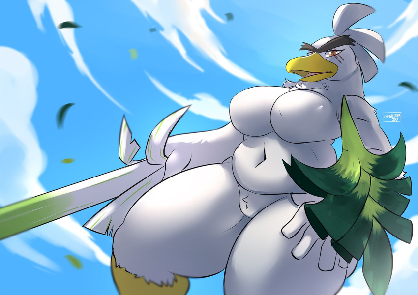 2019 anthro anthrofied avian beak big_breasts bird breasts feathers featureless_breasts featureless_crotch female food hi_res holding_object leek nintendo non-mammal_breasts ocaritna onion plant pok&eacute;mon pok&eacute;mon_(species) pok&eacute;morph sirfetch'd solo thick_thighs vegetable video_games white_feathers yellow_beak