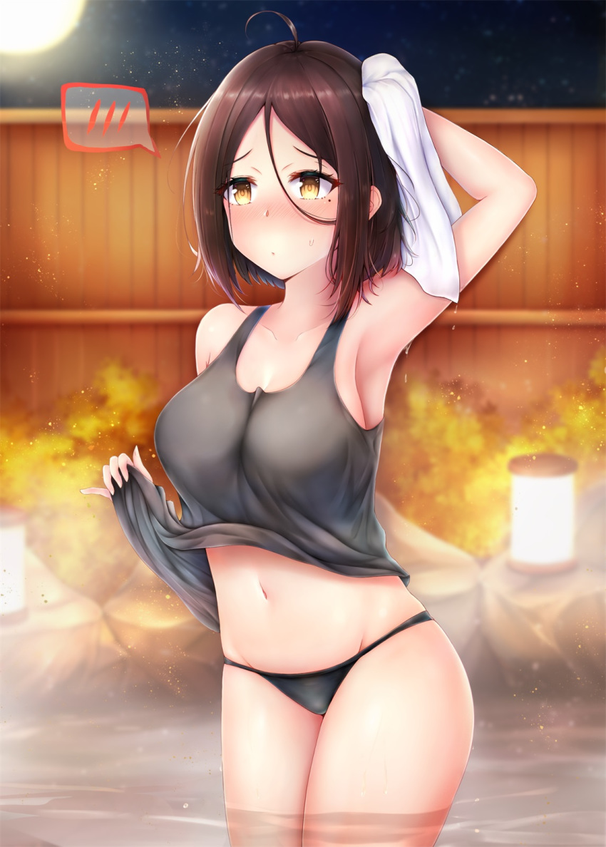 1girl :o ahoge armpits bangs bare_shoulders bath black_panties black_shirt blush breasts brown_hair collarbone commentary_request danberu_nan_kiro_moteru? endsmall_min hair_between_eyes highres lamp large_breasts medium_breasts mole mole_under_eye moon navel night outdoors panties shirt solo underwear yellow_eyes