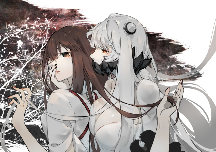 2girls akagi_(kantai_collection) bangs bare_shoulders black_nails breast_press breasts brown_eyes brown_hair cleavage collarbone commentary covered_mouth dress fingernails hand_in_hair hand_on_another's_face horns japanese_clothes kantai_collection kimono long_hair midway_hime multiple_girls nello_(luminous_darkness) pale_skin parted_lips red_eyes red_ribbon ribbon shinkaisei-kan tasuki tree upper_body very_long_hair white_dress white_hair white_kimono