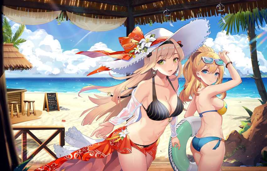 2girls :d absurdres ass bangle bangs bare_shoulders beach bikini black_bikini blonde_hair blue_bikini blue_eyes blue_sky bracelet breasts cloud collarbone cowboy_shot day earrings final_gear green_eyes groin hand_up hat high_ponytail highres holding holding_innertube indoors innertube jewelry l.bou large_breasts long_hair medium_breasts multiple_girls navel ocean off_shoulder open_mouth red_sarong sand sarong sidelocks sky smile stomach sun_hat sunglasses swimsuit tinted_eyewear very_long_hair