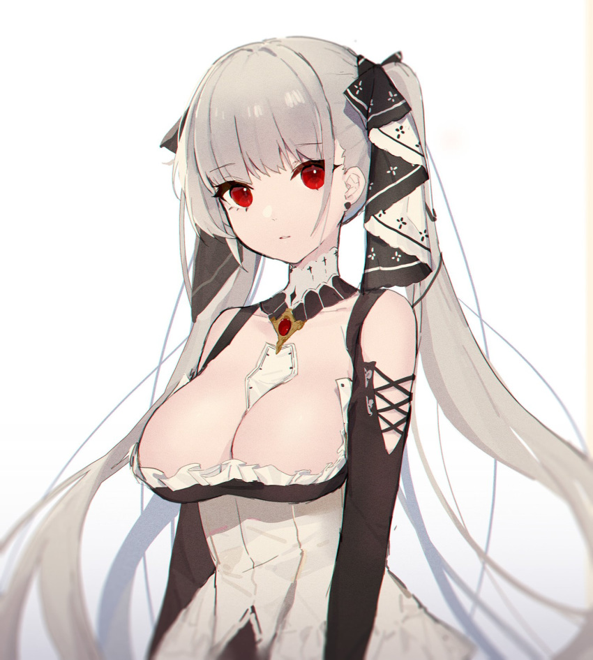 1girl acidear azur_lane between_breasts breasts cleavage earrings expressionless eyebrows_visible_through_hair formidable_(azur_lane) hair_ribbon highres jewelry large_breasts long_hair looking_at_viewer parted_lips red_eyes ribbon silver_hair simple_background solo twintails very_long_hair