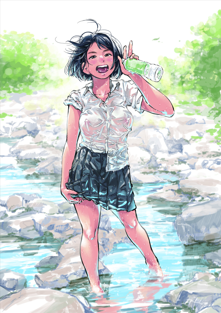 1girl :d absurdres berose black_hair blush bottle breasts collarbone collared_shirt ears highres holding holding_bottle in_water large_breasts leaf looking_at_viewer nature nipples no_bra open_mouth original outdoors plant pleated_skirt rock school_uniform see-through shirt short_hair skirt sleeves_rolled_up smile splashing standing stream tan teeth tongue untucked_shirt water_bottle wet wet_clothes white_shirt wind wringing_clothes