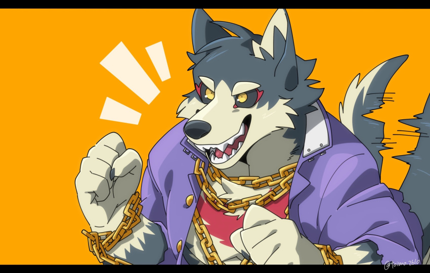 5_fingers anthro black_nose black_sclera canid canine canis clothed clothing domestic_dog fingers fur garmr grey_fur hi_res humanoid_hands male mammal open_mouth open_shirt orange_background red_fur simple_background solo tan_fur three_tone_fur toimo_2610 tokyo_afterschool_summoners tongue two_tone_tail video_games yellow_eyes