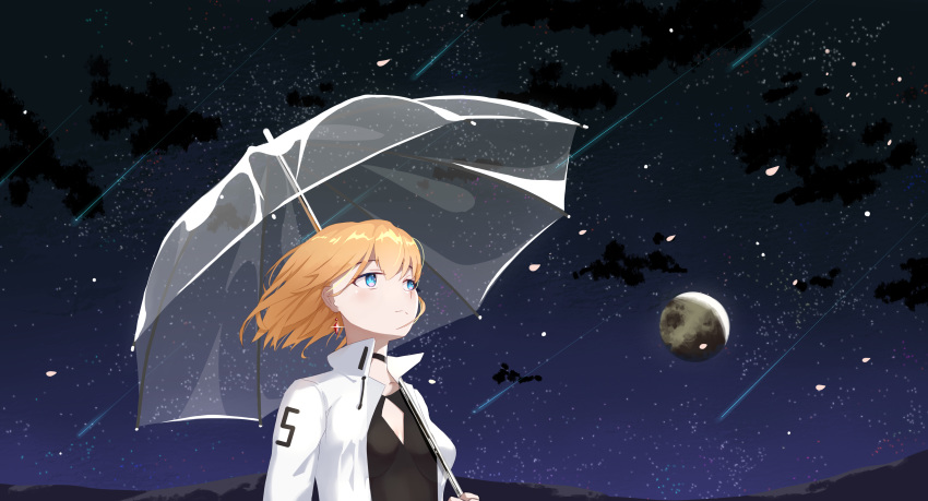 .l.l 1girl absurdres bangs black_shirt blue_eyes blush breasts brown_hair cloud commentary_request earrings eyebrows_visible_through_hair falling_star floating_hair glint hair_between_eyes highres holding holding_umbrella jacket jewelry looking_away moon night night_sky open_clothes open_jacket original shirt sky small_breasts solo star_(sky) starry_sky transparent transparent_umbrella umbrella upper_body white_jacket