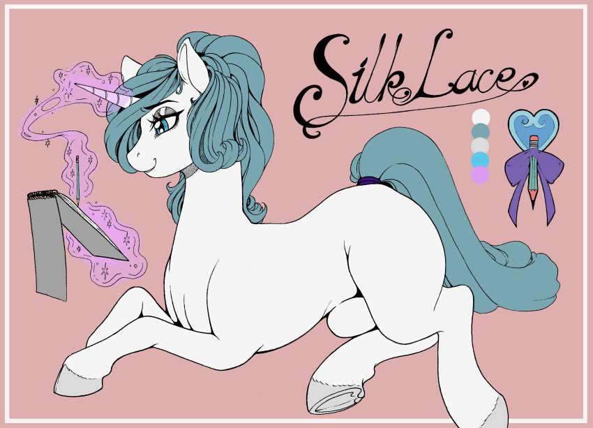 absurd_res blue_eyes cutie_mark equid eyeshadow fan_character female hi_res hooves horn levitation longinius magic makeup mammal model_sheet my_little_pony pencil_(disambiguation) silk_lace_(oc) silver_eyeshadow simple_background sketchbook solo tail_wraps telekinesis text underhoof unicorn wraps