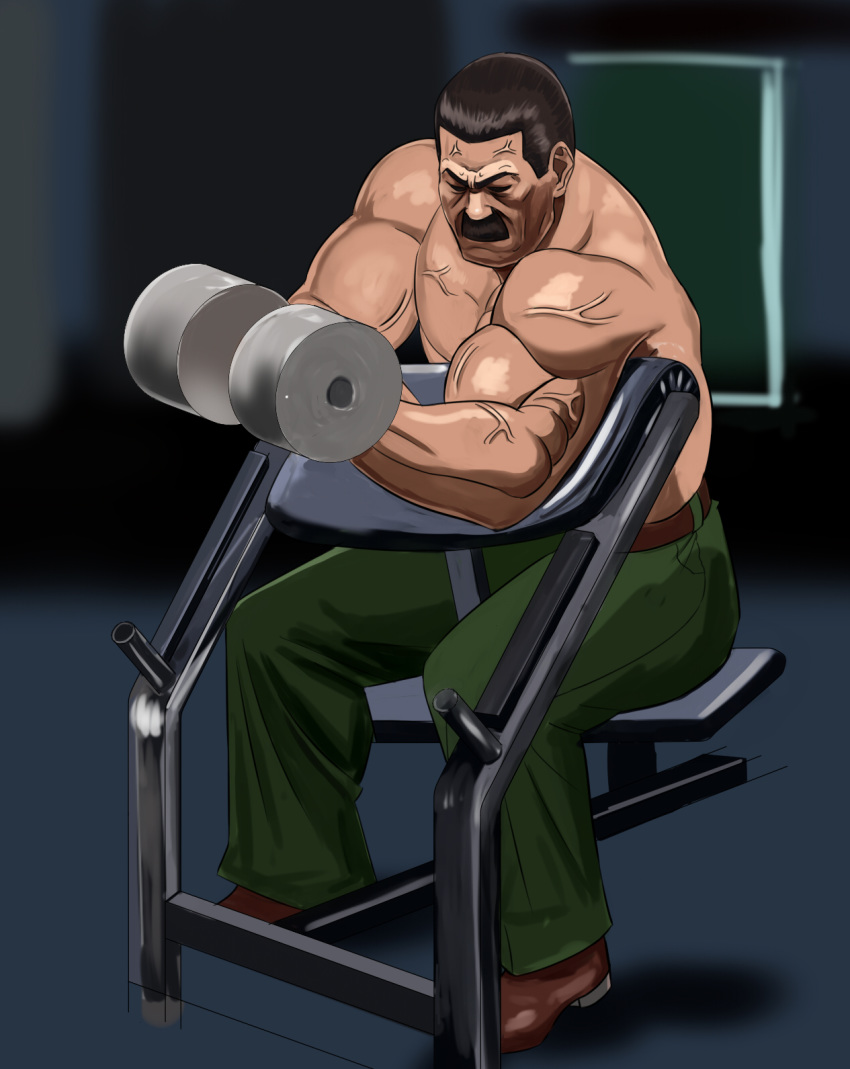 1boy belt black_hair brown_footwear closed_eyes dark_background dumbbell facial_hair facing_viewer final_fight green_pants highres indoors mike_haggar muscle mustache old_man pants shirtless sitting taka_(takahirokun) veins weightlifting