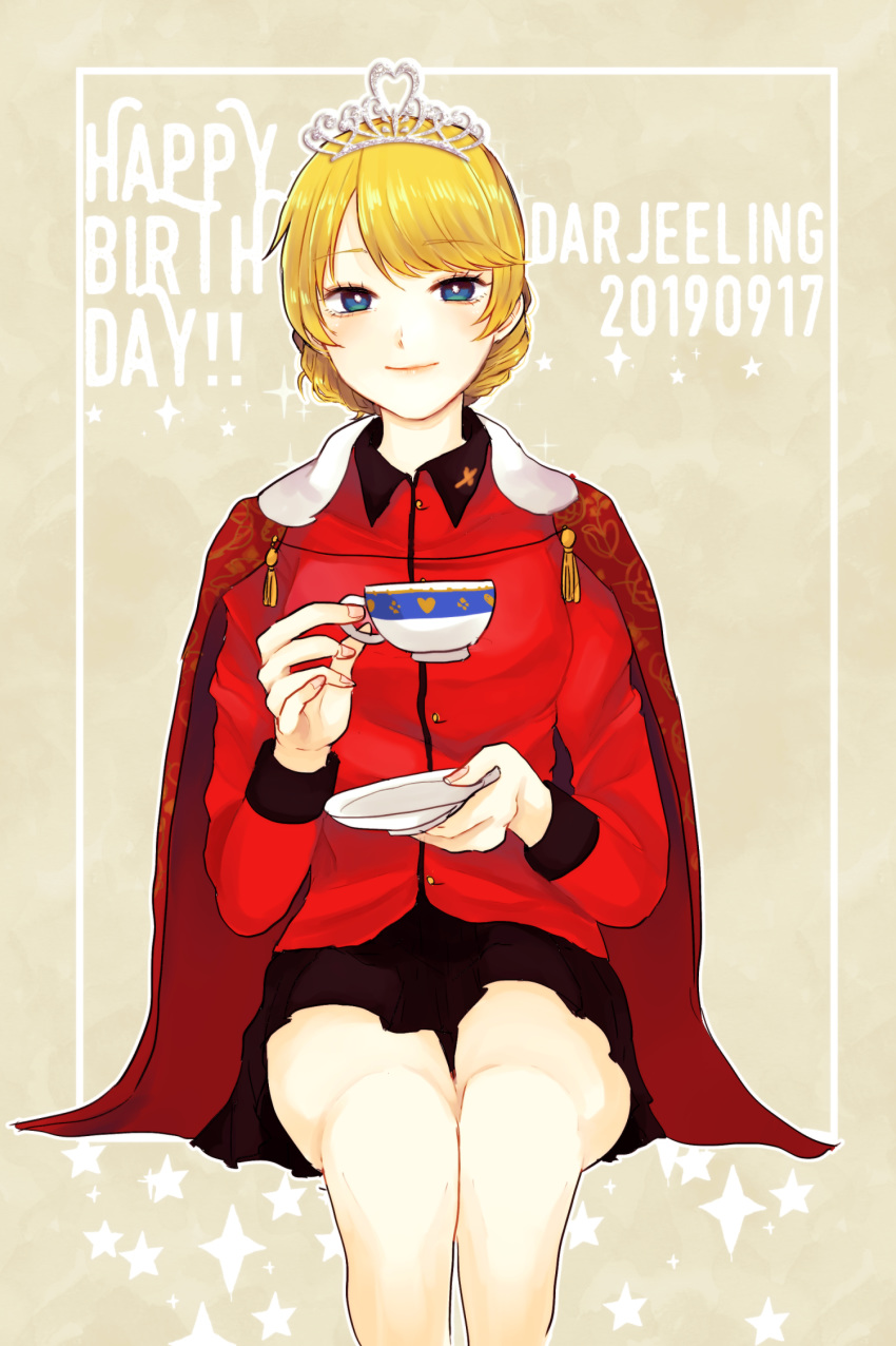 1girl arai_ako black_skirt blonde_hair blue_eyes braid bright_pupils cape character_name commentary cup darjeeling dated english_text eyebrows_visible_through_hair girls_und_panzer happy_birthday highres holding holding_cup holding_saucer insignia jacket long_sleeves looking_at_viewer military military_uniform miniskirt open_mouth outline pleated_skirt red_cape red_jacket short_hair skirt smile solo sparkle st._gloriana's_military_uniform teacup tiara tied_hair twin_braids uniform white_outline white_pupils