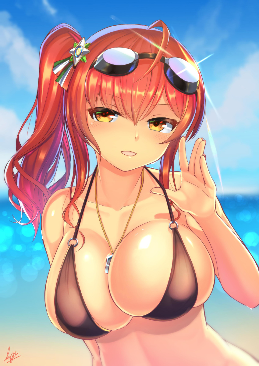 1girl absurdres ahoge azur_lane bangs beach between_breasts bikini black_bikini breast_lift breasts day eyebrows_visible_through_hair goggles goggles_on_head hair_between_eyes hair_ornament highres italian_flag kyu_(wein-seria) large_breasts lens_flare long_hair medal o-ring o-ring_bikini o-ring_top open_mouth orange_eyes outdoors pink_nails red_hair side_ponytail signature skindentation sky smile solo strap_gap swimsuit upper_body wet whistle whistle_around_neck zara_(azur_lane) zara_(poolside_coincidence)_(azur_lane)