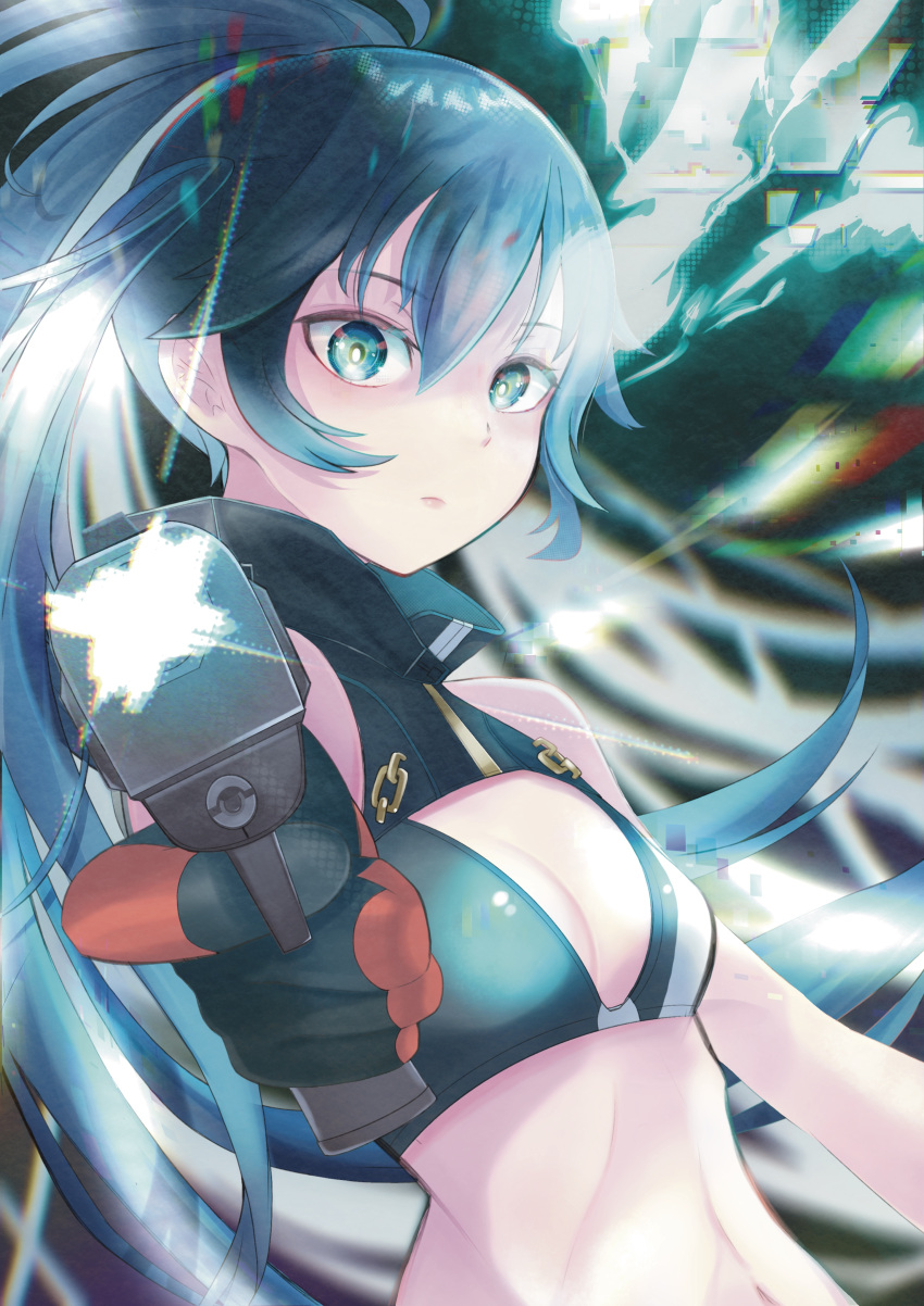 1girl absurdres bangs bikini black_gloves black_rock_shooter:_dawn_fall black_rock_shooter_(character) blue_eyes blue_hair breasts cleavage closed_mouth firing_at_viewer floating_hair gloves gun hair_between_eyes handgun highres holding holding_gun holding_weapon ki00yo00ko long_hair looking_at_viewer navel ponytail shiny shiny_hair small_breasts solo swimsuit upper_body very_long_hair weapon