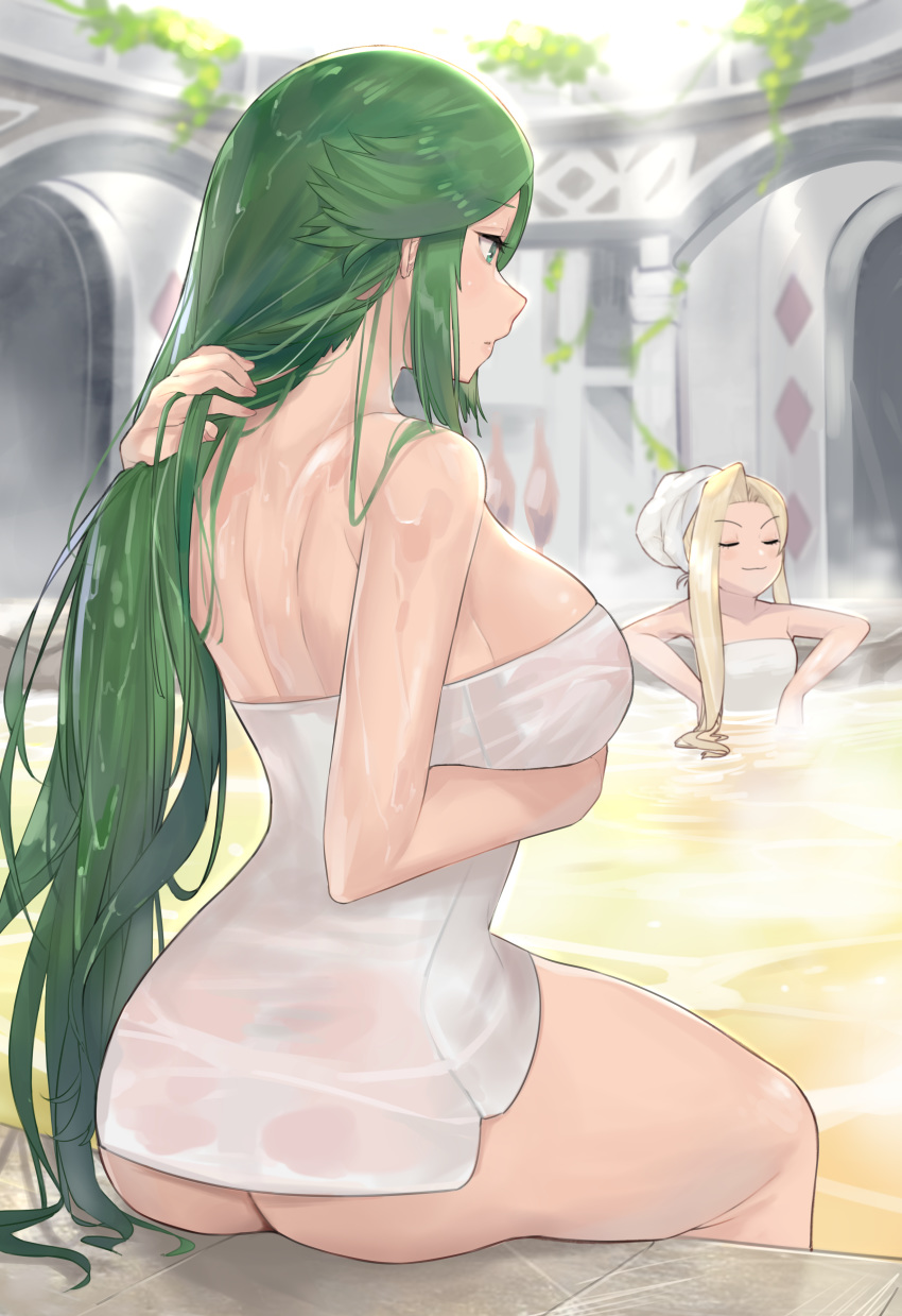 2girls :3 absurdres adjusting_hair ass bare_shoulders blonde_hair blurry blurry_background blush breasts cleavage closed_eyes from_behind green_eyes green_hair hand_behind_head highres huge_filesize j@ck kid_icarus kid_icarus_uprising large_breasts long_hair looking_at_another multiple_girls nachure naked_towel onsen paid_reward palutena partially_submerged patreon_reward plant relaxing sideboob sitting smile steam sunlight thighs towel towel_on_head very_long_hair water wet wet_hair white_towel