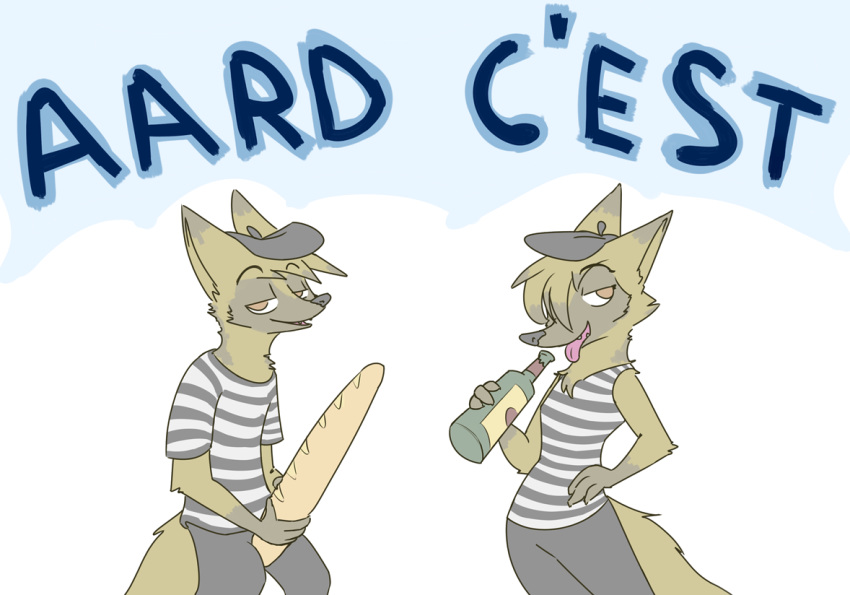 aardwolf anneke_(weaver) baguette bread clothed clothing food hat headgear headwear hyaenid mammal pack_street suggestive suggestive_food text tongue tongue_out visiti wine_bottle wolter_(weaver)
