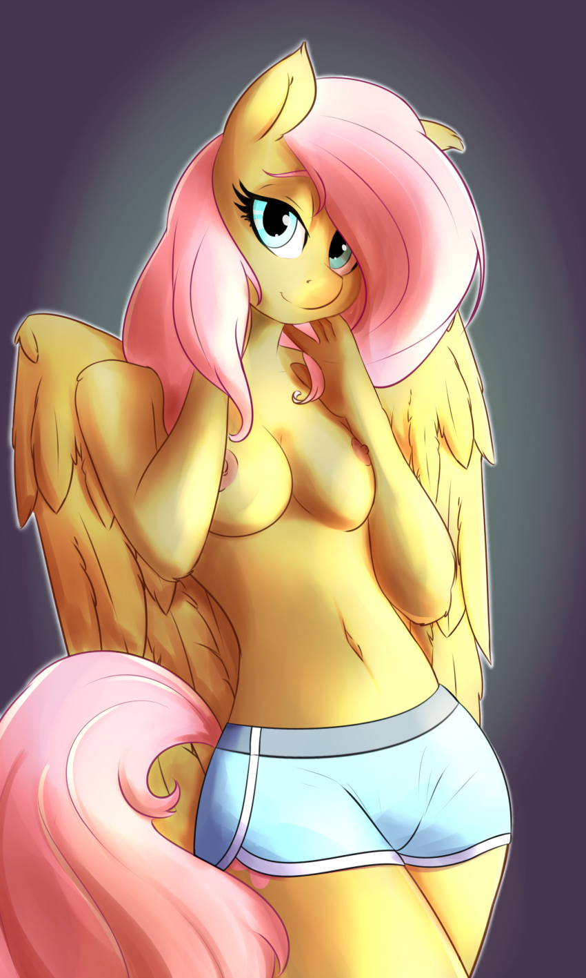 absurd_res anthro big_breasts bottomwear breasts clothed clothing edit equid equine female fluttershy_(mlp) friendship_is_magic hi_res huckser mammal my_little_pony pterippus shorts topless wings