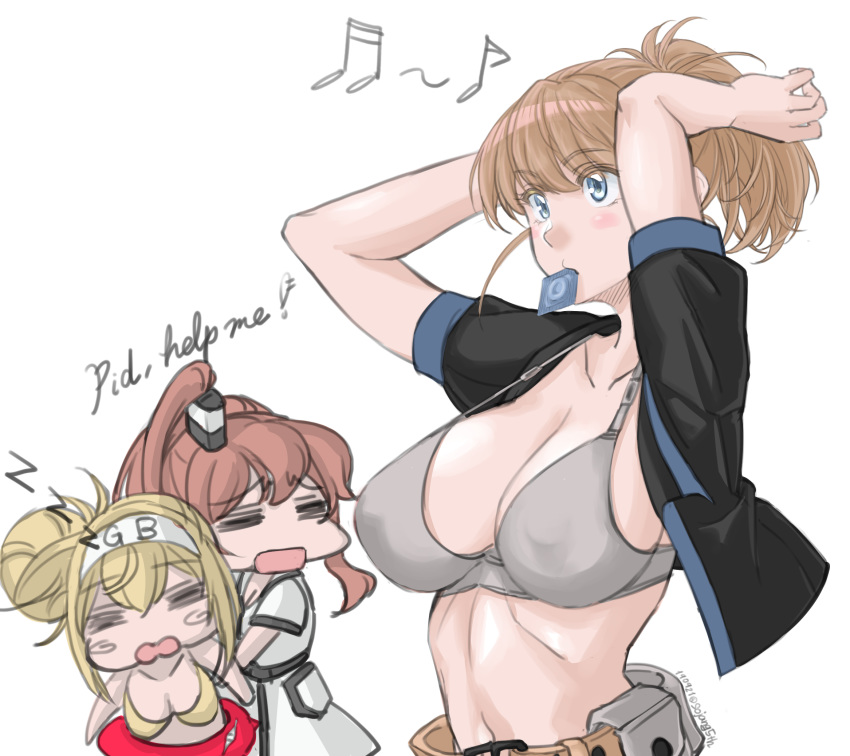 1other 3girls =_= arms_behind_head beamed_eighth_notes belt bikini black_shirt blonde_hair blue_eyes bra breasts brown_hair cleavage collarbone commentary_request condom_wrapper dress eighth_note enemy_lifebuoy_(kantai_collection) english_text gambier_bay_(kantai_collection) grey_bra hair_ornament hairband highres holding holding_hair innertube intrepid_(kantai_collection) kantai_collection large_breasts mouth_hold multiple_girls musical_note open_clothes open_mouth ponytail saratoga_(kantai_collection) shinkaisei-kan shirt short_hair side_ponytail sidelocks simple_background smokestack sozan swimsuit twintails underwear upper_body white_background white_dress yellow_bikini