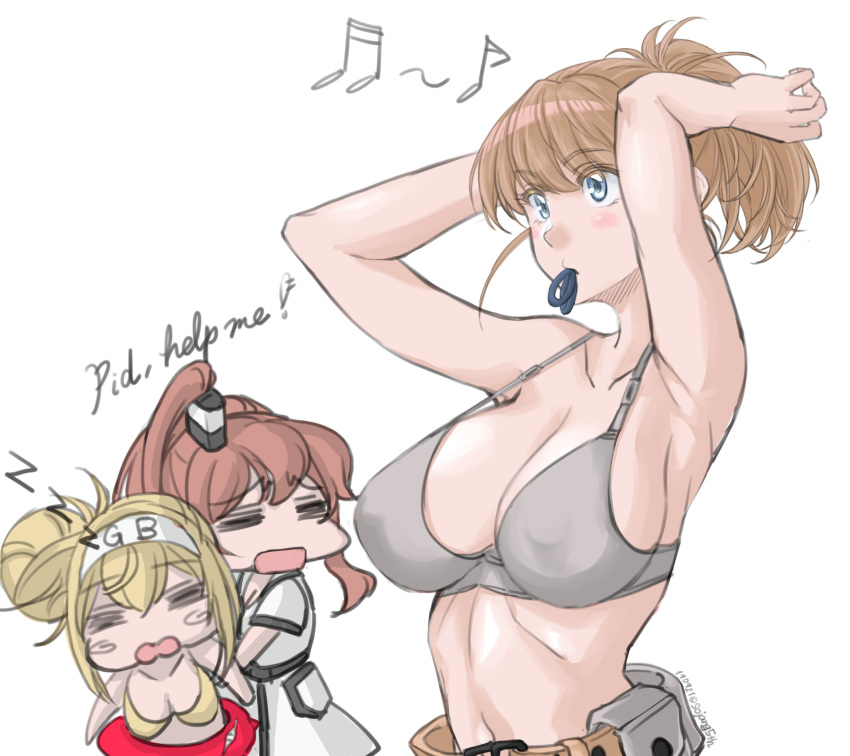 1other 3girls =_= arms_behind_head beamed_eighth_notes belt bikini blonde_hair blue_eyes bra breasts brown_hair cleavage collarbone commentary_request dress eighth_note enemy_lifebuoy_(kantai_collection) english_text gambier_bay_(kantai_collection) grey_bra hair_ornament hairband highres holding holding_hair innertube intrepid_(kantai_collection) kantai_collection large_breasts mouth_hold multiple_girls musical_note open_clothes open_mouth ponytail rubber_band saratoga_(kantai_collection) shinkaisei-kan short_hair side_ponytail sidelocks simple_background smokestack sozan swimsuit twintails underwear upper_body white_background white_dress yellow_bikini