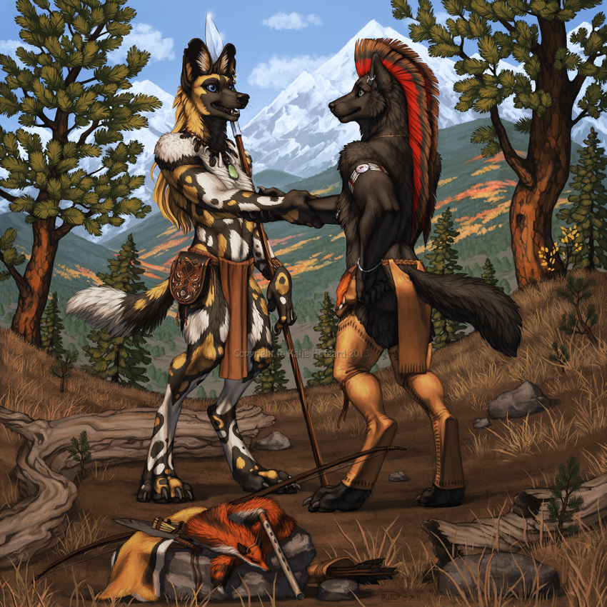 1:1 2013 2019 4_toes 5_fingers african_wild_dog anthro blue_eyes bow canid canine canis clothed clothing day detailed_background digital_media_(artwork) digitigrade duo fingers hi_res katie_hofgard loincloth male mammal open_mouth outside sky standing teeth toes tongue wolf