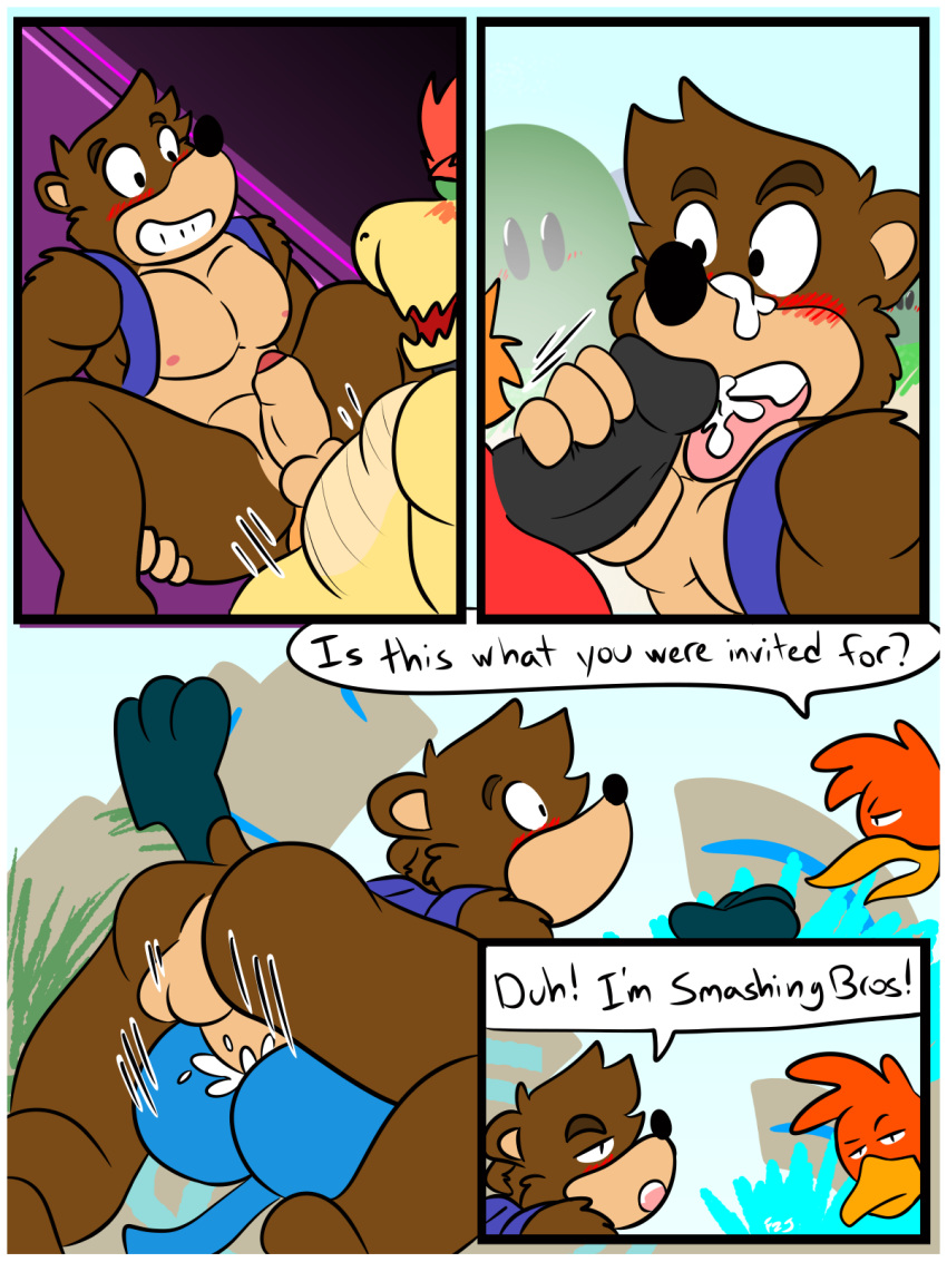 2019 anal anal_penetration anthro avian balls banjo-kazooie banjo_(banjo-kazooie) bird bodily_fluids bowser breegull brown_fur butt comic cum cum_in_ass cum_inside cum_on_face dialogue digital_media_(artwork) english_text erection female fizzyjay foxzombiej fur genital_fluids hi_res incineroar kazooie lucario male male/male male_penetrating mammal mario_bros nintendo oral penetration penis pok&eacute;mon pok&eacute;mon_(species) rareware reptile scalie sex text ursid video_games