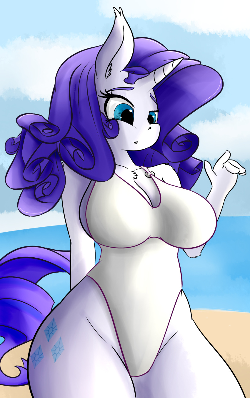 absurd_res anthro beach big_breasts breasts cleavage clothed clothing equid female friendship_is_magic hi_res horn huckser mammal my_little_pony rarity_(mlp) seaside swimwear unicorn