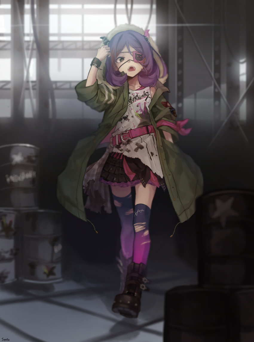 1girl absurdres armband backlighting barrel belt belt_buckle boots brown_eyes buckle clothes_writing coat commentary eyepatch factory fake_horns fang full_body fur_trim gradient gradient_legwear hand_in_pocket hayasaka_mirei highres hood hooded_coat idolmaster idolmaster_cinderella_girls idolmaster_cinderella_girls_starlight_stage individuals looking_at_viewer multicolored multicolored_clothes multicolored_hair multicolored_legwear open_clothes open_coat open_mouth purple_hair shirt skirt sleeves_rolled_up solo streaked_hair thighhighs torn_clothes torn_legwear undershirt wristband yul_(user_gyut3424)