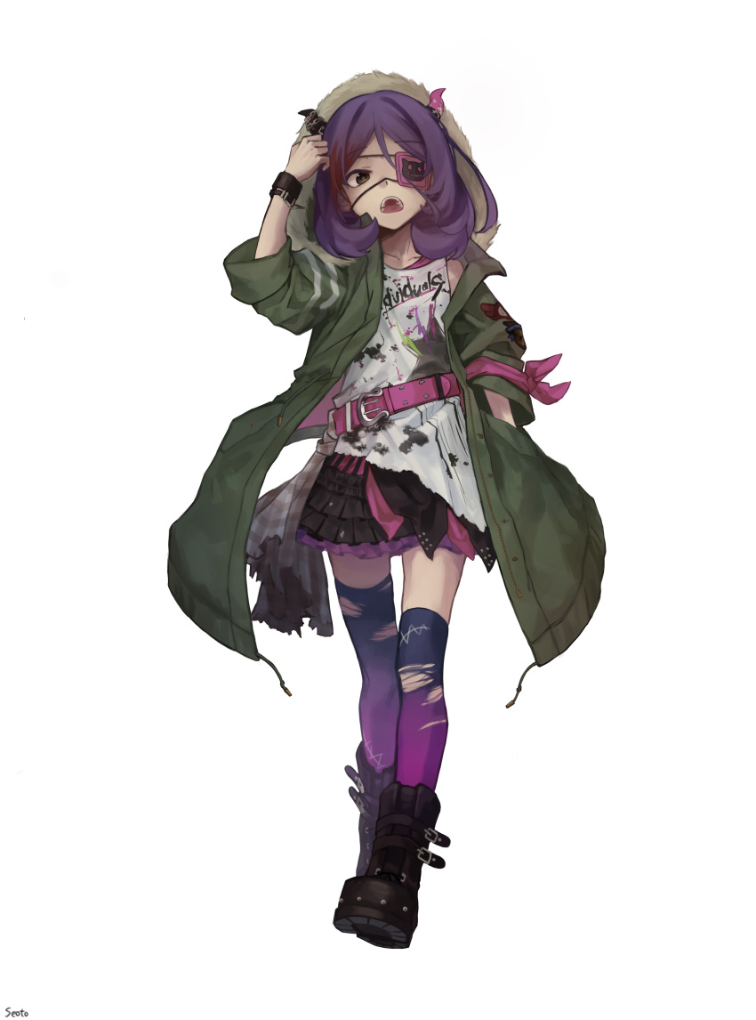 1girl absurdres armband belt belt_buckle boots brown_eyes buckle clothes_writing coat commentary eyepatch fake_horns fang full_body fur_trim gradient gradient_legwear hand_in_pocket hayasaka_mirei highres hood hooded_coat idolmaster idolmaster_cinderella_girls idolmaster_cinderella_girls_starlight_stage individuals looking_at_viewer multicolored multicolored_clothes multicolored_hair multicolored_legwear open_clothes open_coat open_mouth purple_hair shirt simple_background skirt sleeves_rolled_up solo streaked_hair thighhighs torn_clothes torn_legwear undershirt white_background wristband yul_(user_gyut3424)