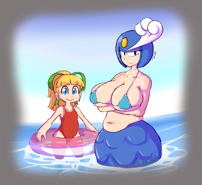 animal_humanoid armor big_breasts bikini blonde_hair blue_eyes breasts capcom clothing duo female fupoo hair headgear helmet humanoid machine marine mega_man_(series) merfolk midriff robot roll_(megaman) sea simple_background splash_woman swim_ring swimwear video_games water