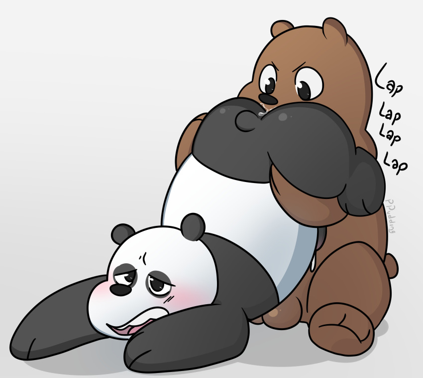 2019 absurd_res anal anthro balls black_fur blush brown_fur butt cartoon_network duo fur giant_panda grizzly_(wbb) hi_res male male/male mammal oral panda_(wbb) peachy-pudding penis rimming sex simple_background sitting slightly_chubby text ursid we_bare_bears white_fur