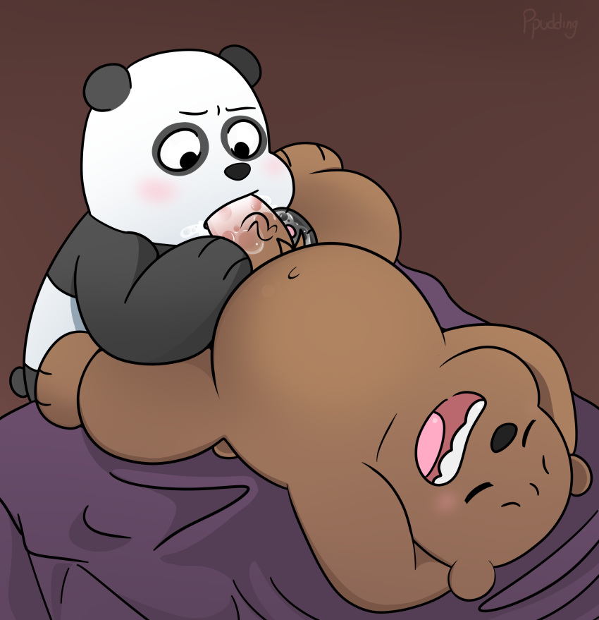 2019 absurd_res anthro bed belly black_fur black_nose blush bodily_fluids brown_bear brown_fur cartoon_network cum duo erection eyes_closed fur genital_fluids giant_panda grizzly_(wbb) grizzly_bear hi_res humanoid_penis lying male male/male mammal oral peachy-pudding penis sex slightly_chubby ursid ursine we_bare_bears white_fur