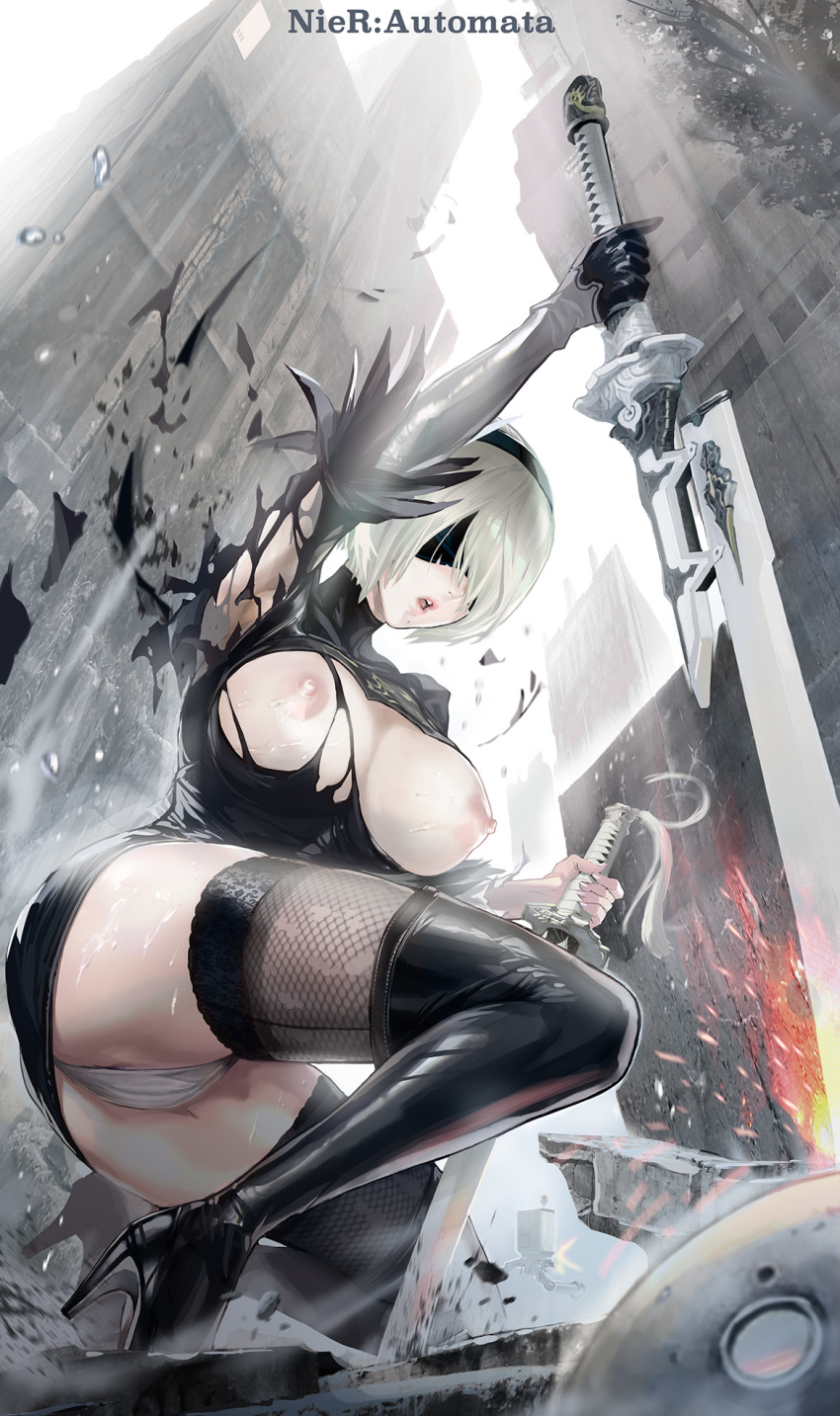 breasts heels nier_automata nipples thighhighs torn_clothes weapon yorha_no.2_type_b