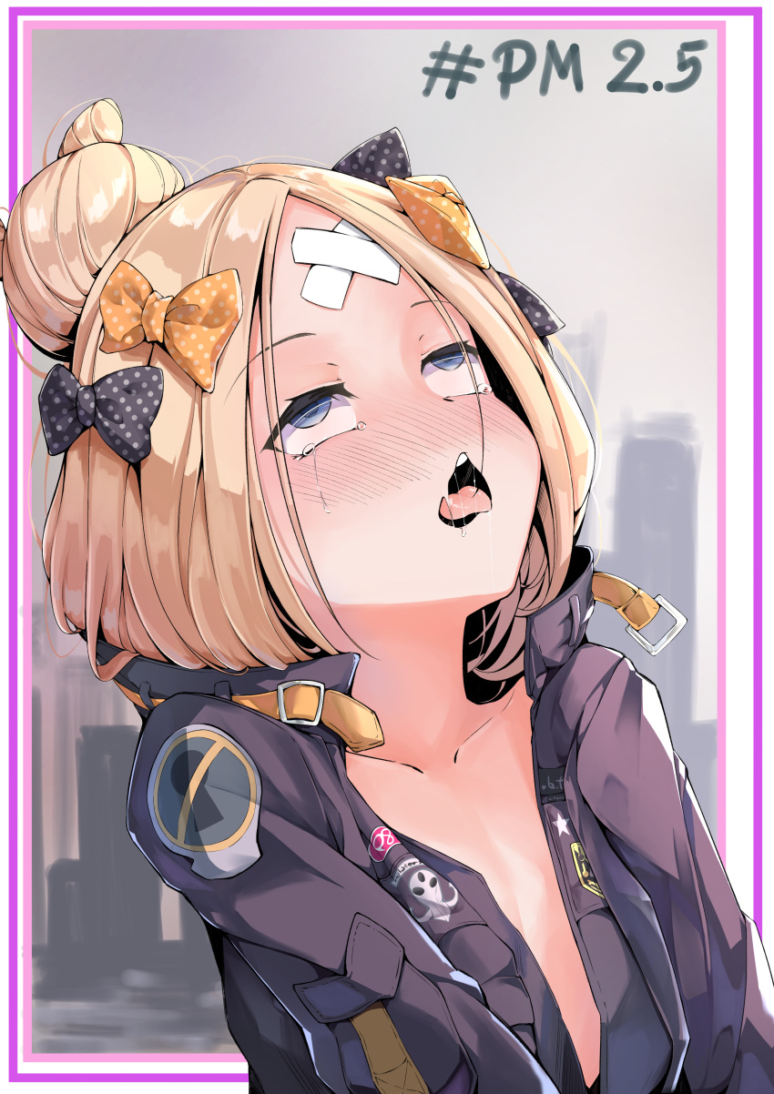 1girl abigail_williams_(fate/grand_order) absurdres ahegao bangs black_bow black_jakcet blue_eyes blush bow breasts commentary_request fate/grand_order fate_(series) hair_bow hair_bun highres looking_up naked_coat orange_bow parted_bangs pattadonza polka_dot polka_dot_bow small_breasts solo tearing_up tongue tongue_out