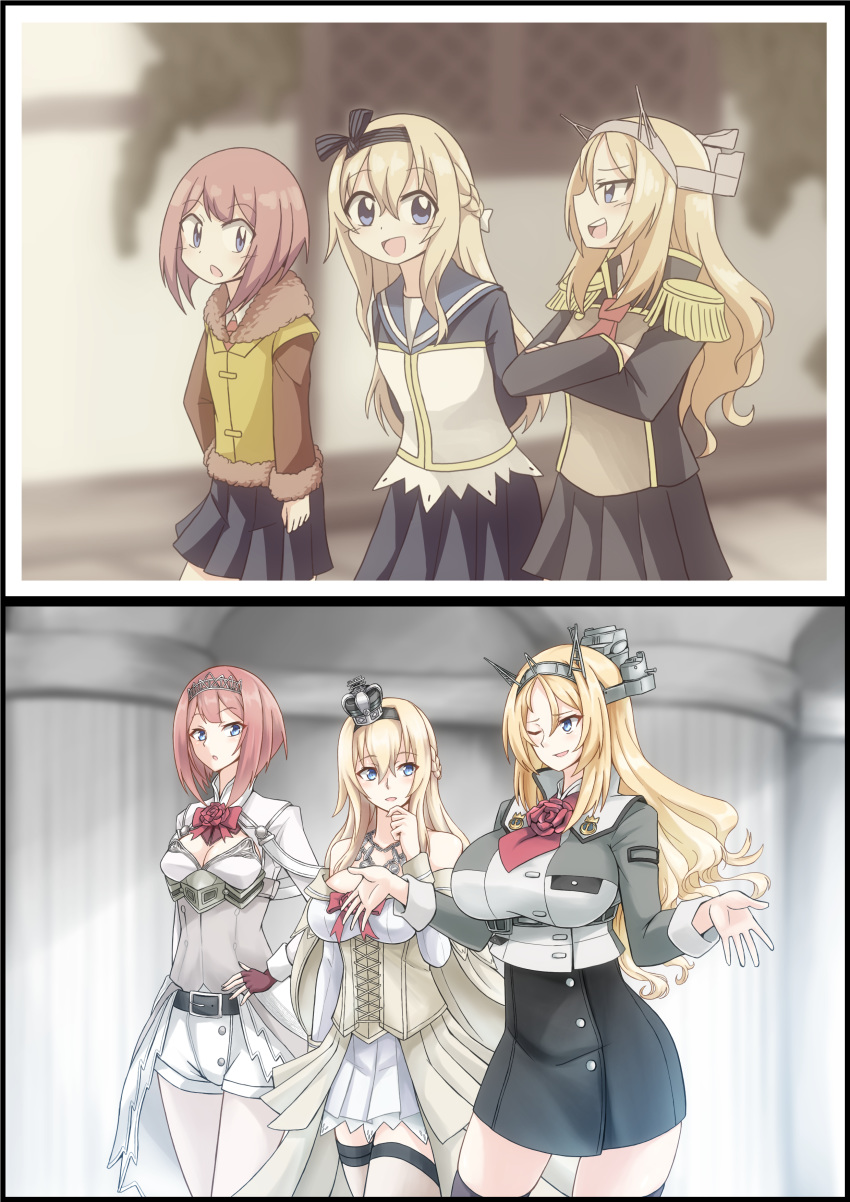 3girls absurdres age_progression ark_royal_(kantai_collection) arms_behind_back before_and_after belt black_belt black_headband black_jacket black_legwear black_skirt blonde_hair blue_eyes blush braid breasts british brown_jacket corset cropped_jacket crown dress epaulettes fingerless_gloves french_braid gloves grey_jacket hairband hand_on_hip hand_to_own_mouth headband headgear highres huge_breasts jacket kantai_collection large_breasts long_hair looking_at_another medium_breasts multiple_girls nelson_(kantai_collection) one_eye_closed open_mouth pantyhose pleated_skirt red_gloves red_hair red_neckwear sailor_collar school_uniform sidelocks skirt suke_(share_koube) talking tiara walking warspite_(kantai_collection) white_dress white_legwear younger
