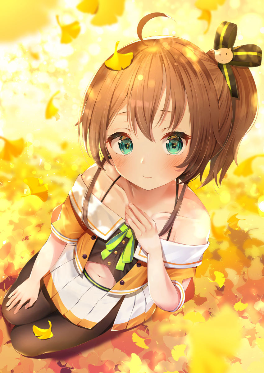 1girl absurdres ahoge bare_shoulders blush brown_hair collarbone commentary_request from_above green_ribbon hair_between_eyes hair_ornament highres hololive kneeling leaf looking_at_viewer nari_(narikashi) natsuiro_matsuri navel outdoors ribbon short_sleeves side_ponytail skirt solo virtual_youtuber white_skirt yellow_skirt
