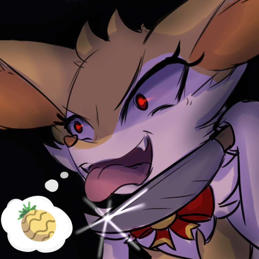 &lt;3 1:1 2019 anthro black_background braixen canid canine digital_media_(artwork) evil_look eyelashes fan_character fangs female food fortuna_(unknownlifeform) fruit fur heart_nose hi_res holding_knife holding_object inner_ear_fluff jingle_bell knife mammal neck_bow nintendo open_mouth orange_fur pinap_berry plant pok&eacute;mon pok&eacute;mon_(species) red_eyes simple_background solo thought_bubble tongue tongue_out unknownlifeform video_games white_fur yellow_fur