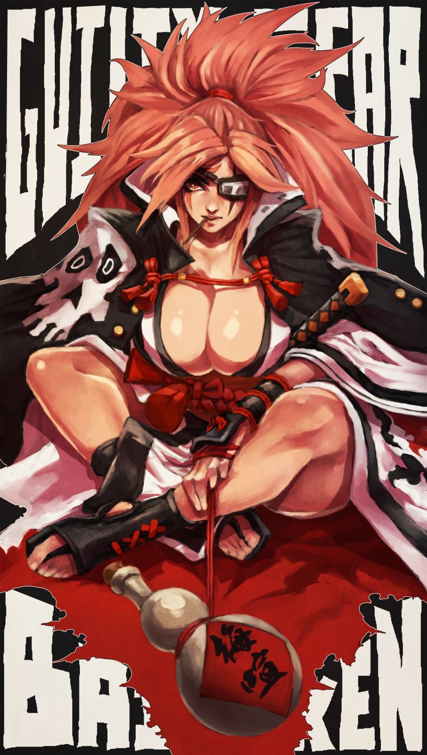 1girl absurdres amputee baiken big_hair black_jacket black_kimono breasts commentary crossed_legs english_commentary eyepatch facial_tattoo guilty_gear guilty_gear_xrd highres jacket jacket_on_shoulders japanese_clothes kataginu katana kimono large_breasts monori_rogue multicolored multicolored_clothes multicolored_kimono obi one-eyed open_clothes open_kimono pink_hair pipe ponytail red_eyes samurai sandals sash scar scar_across_eye sitting sword tattoo weapon white_kimono