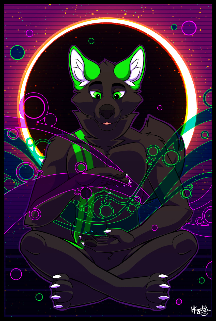 abstract_background absurd_res artistic_nudity black_fur canid canine canis dalet domestic_dog fur green_eyes hi_res higsby looking_at_viewer male mammal meditation nude peaceful psychedelic solo space wallpaper