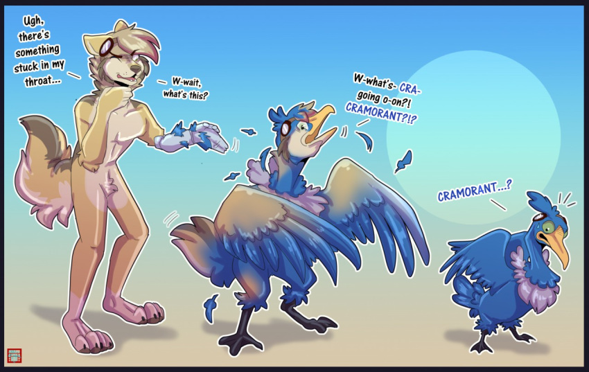 2019 3_toes 4_toes ambiguous_gender anthro anthro_to_feral arm_tuft asphyxiation avian beak biped bird bird_feet black_border blue_background blue_feathers blue_tail blue_wings border brown_fur brown_nose brown_tail canid canine canis choking claws confusion countershade_face countershade_hands countershade_tail countershade_torso countershading cramorant crotch_tuft datkitsu dialogue digital_drawing_(artwork) digital_media_(artwork) ears_back emanata english_text eyebrows eyewear fangs feather_growth feather_tuft feathered_wings feathers featureless_crotch feral fluffy fluffy_tail frown fur fur_tuft goggles goggles_on_head gradient_background green_eyes grey_(greywolf26) grey_feathers head_tuft leg_markings long_neck looking_at_self looking_down loose_feather male mammal markings membrane_(anatomy) mexican_wolf motion_lines multicolored_feathers multicolored_fur multicolored_tail neck_tuft nintendo nude one_eye_closed open_beak open_frown open_mouth outline pecs pink_tongue pivoted_ears pok&eacute;mon pok&eacute;mon_(species) prosthetic prosthetic_arm2019 raised_eyebrow scared shrinking simple_background snout socks_(marking) species_name species_transformation standing surprise suspicious tail_feathers tan_background tan_fur tan_tail text toe_claws toes tongue transformation tuft two_tone_feathers video_games webbed_feet whisker_spots white_countershading white_fur white_tail wings wolf yellow_beak